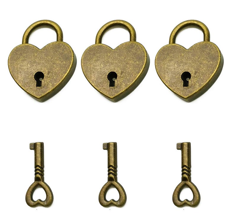 Hyamass Small Padlock with Keys -3Pcs Antique Bronze Heart Lock Set for Vintage Style Security & Gifts - Image 1